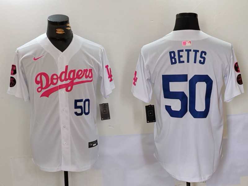 Mens Los Angeles Dodgers #50 Mookie Betts White Pink Vin & Kobe Patch Stitched Baseball Jerseys